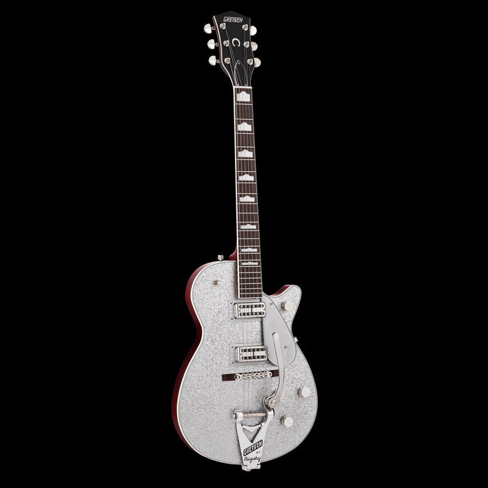 Gretsch G6129T-89 Vintage Select '89 Sparkle Jet with Bigsby Silver Sparkle Electric Guitar RIght Angle