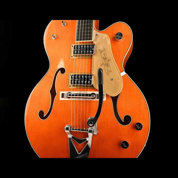Gretsch G6120T-59 Vintage Select '59 Chet Atkins Hollow Body Lacquer Vintage Orange Stain Closeup Body