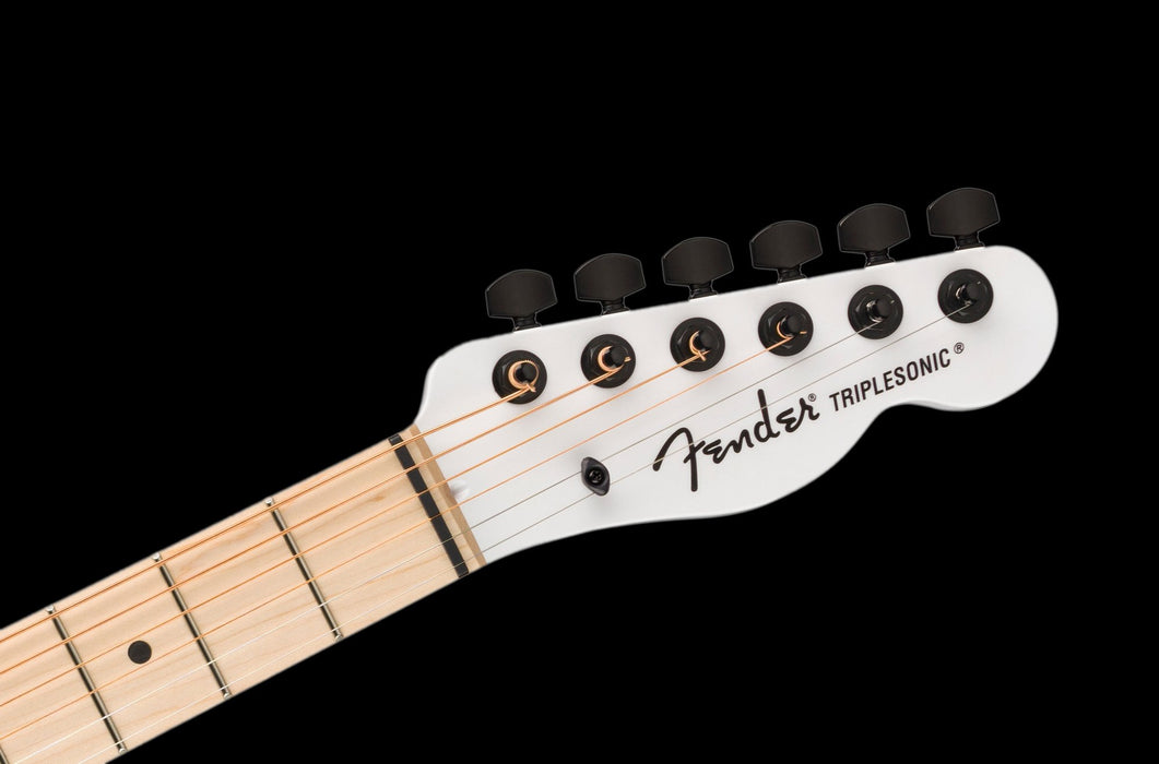 Fender Jack White Triplesonic Acoustasonic Telecaster Satin Arctic White with Black Top With Case  Headstock Front