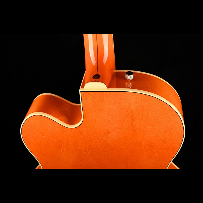 Gretsch G6120T-59 Vintage Select '59 Chet Atkins Hollow Body Lacquer Vintage Orange Stain Closeup Neck Joint