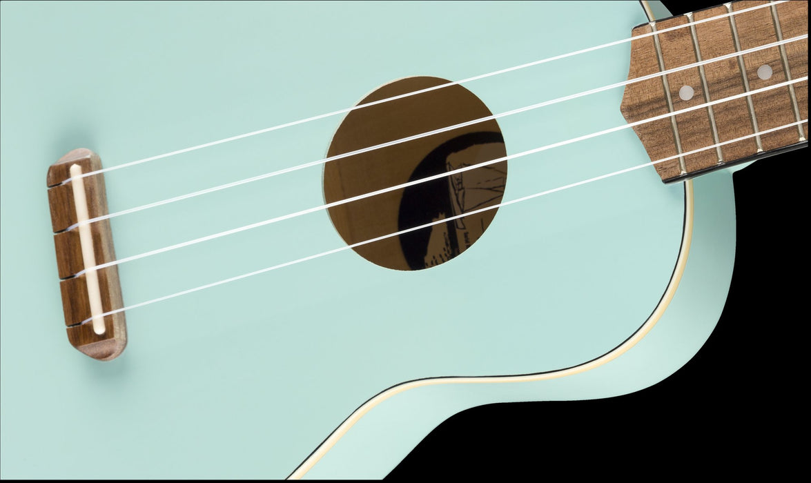 Fender Venice Soprano Uke Walnut Fingerboard Daphne Blue Front Body Detail