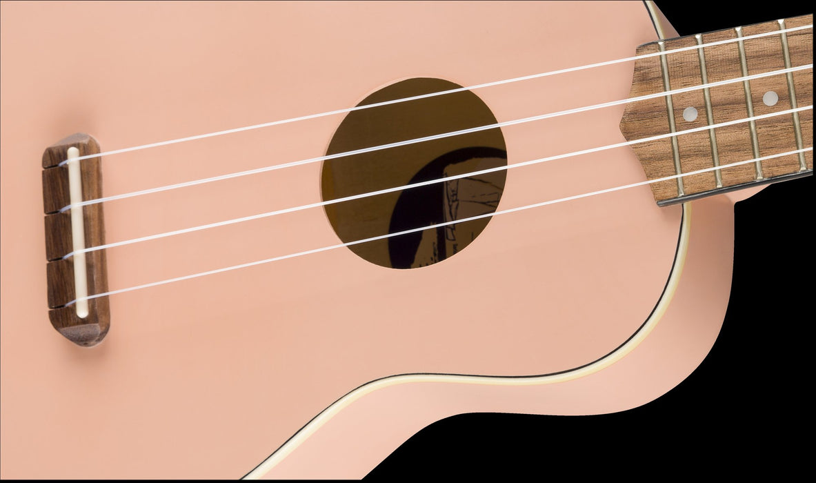 Fender Venice Soprano Uke Walnut Fingerboard Shell Pink Front Body Left