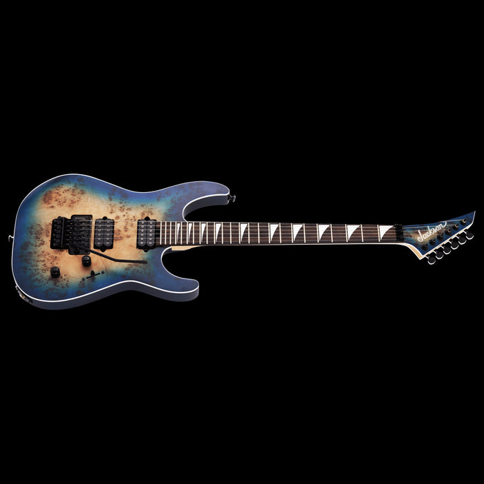 Jackson MJ Series Dinky DKRP Ebony Fingerboard Transparent Blue Burst Front Angle