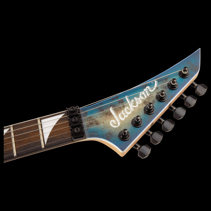 Jackson MJ Series Dinky DKRP Ebony Fingerboard Transparent Blue Burst Headstock