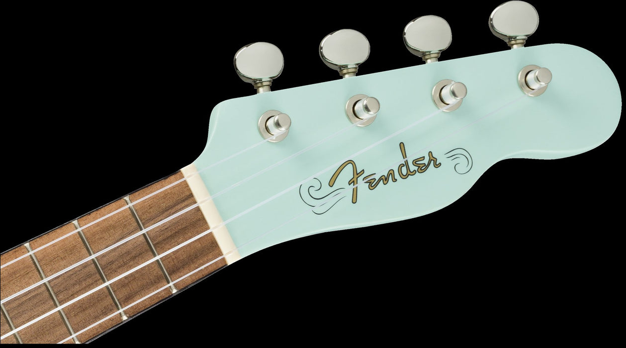Fender Venice Soprano Uke Walnut Fingerboard Daphne Blue Headstock Front