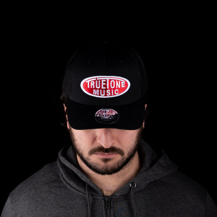 Truetone Music Trucker Hat Black with Red & White Logo