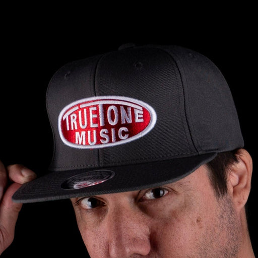 Truetone Music Flat Brim Snapback Hat Dark Charcoal with Red & White Logo