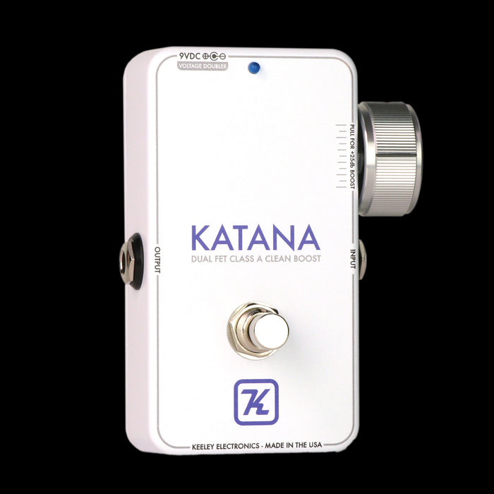 Keeley Katana Clean Boost Throwback White Compressor Pedal Angle Left