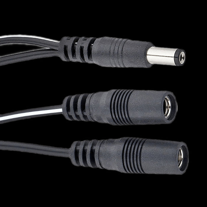 Voodoo Lab PPAV Output splitter adapter: 2.1mm straight barrel to two 2.1mm female: 4” Power Cable Front