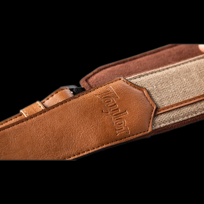 Taylor Vegan Leather Strap Tan with Natural Textile 2.5" Embossed Logo Logo Detail