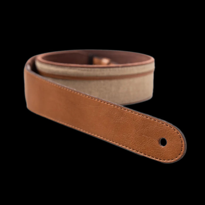 Taylor Vegan Leather Strap Tan with Natural Textile 2.5" Embossed Logo Rolled Up Front Tab