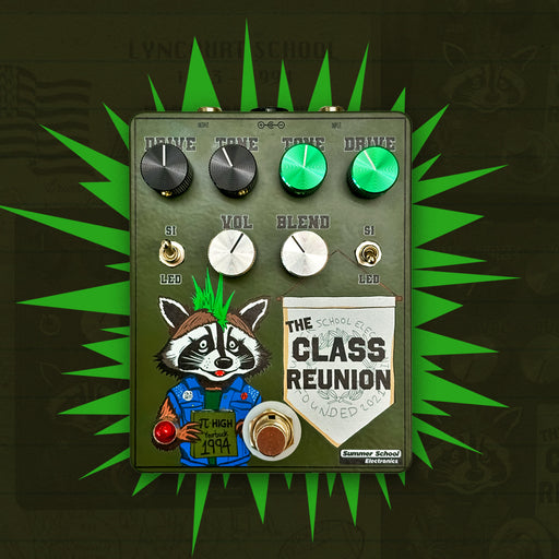 Summer School Electronics Class Reunion Overdrive Fuzz Pedal Front Background Green