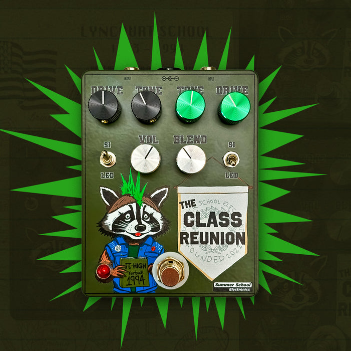 Summer School Electronics Class Reunion Overdrive Fuzz Pedal Front Background Green