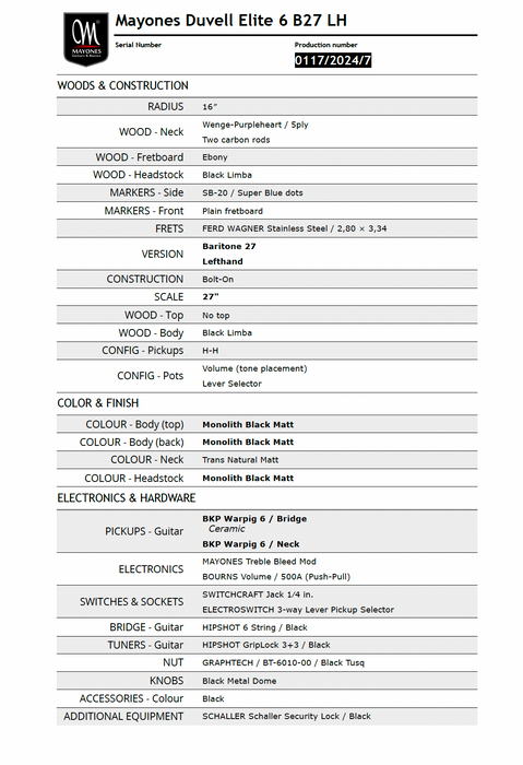 Mayones Duvell Elite 6 B27 Baritone Left Handed Black Limba Monolith Black Matte