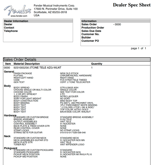 Pre Owned 2015 Fender Custom Shop Telecaster Two-Tone NOS Aztec Gold With OHSC