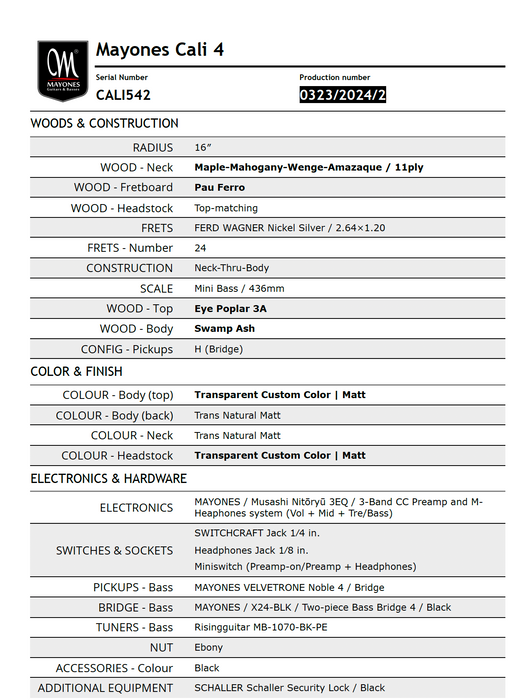 Mayones Cali4 Bass (17.5" Scale) Blue Top With Case -