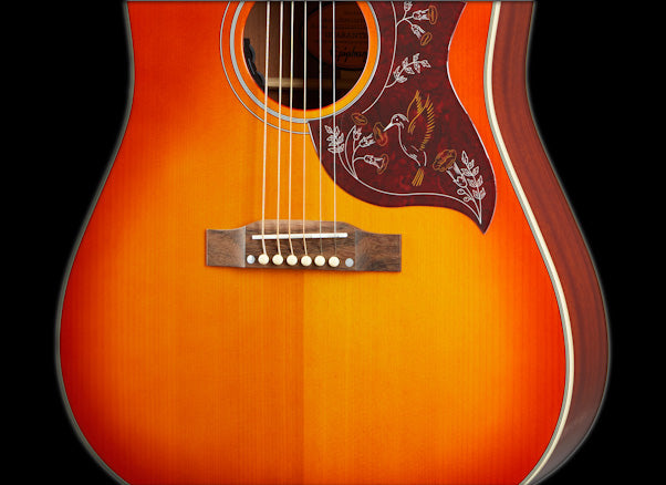 Epiphone Hummingbird Aged Cherry Sunburst Gloss Acoustic Guitar Closeup Bridge
