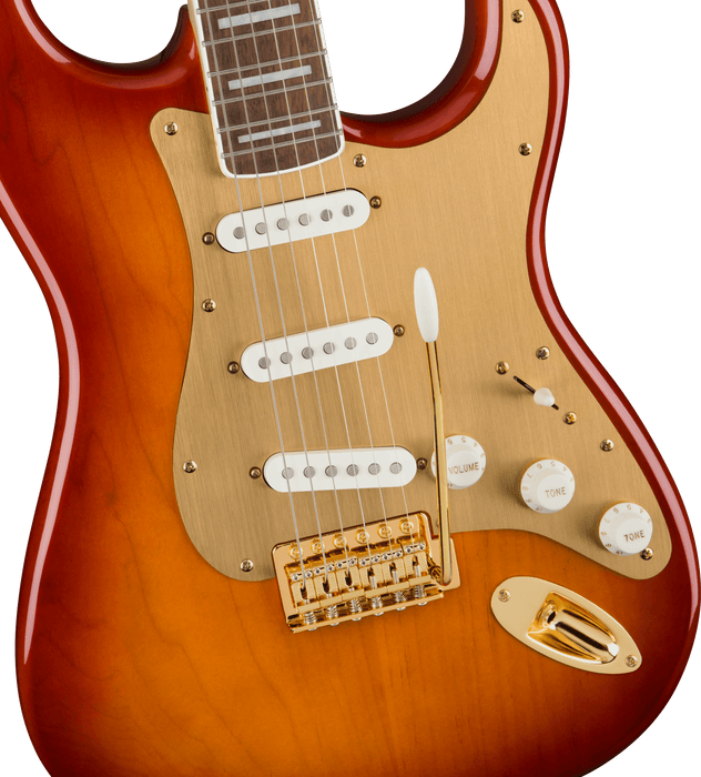 Squier 40th Anniversary Stratocaster®, Gold Edition, Laurel Fingerboard, Gold Anodized Pickguard, Sienna Sunburst Electric Guitars