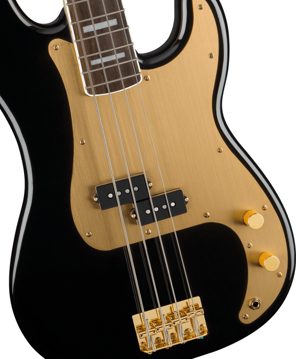 Squier 40th Anniversary Precision Bass®, Gold Edition, Laurel Fingerboard, Gold Anodized Pickguard, Black Bass Guitars