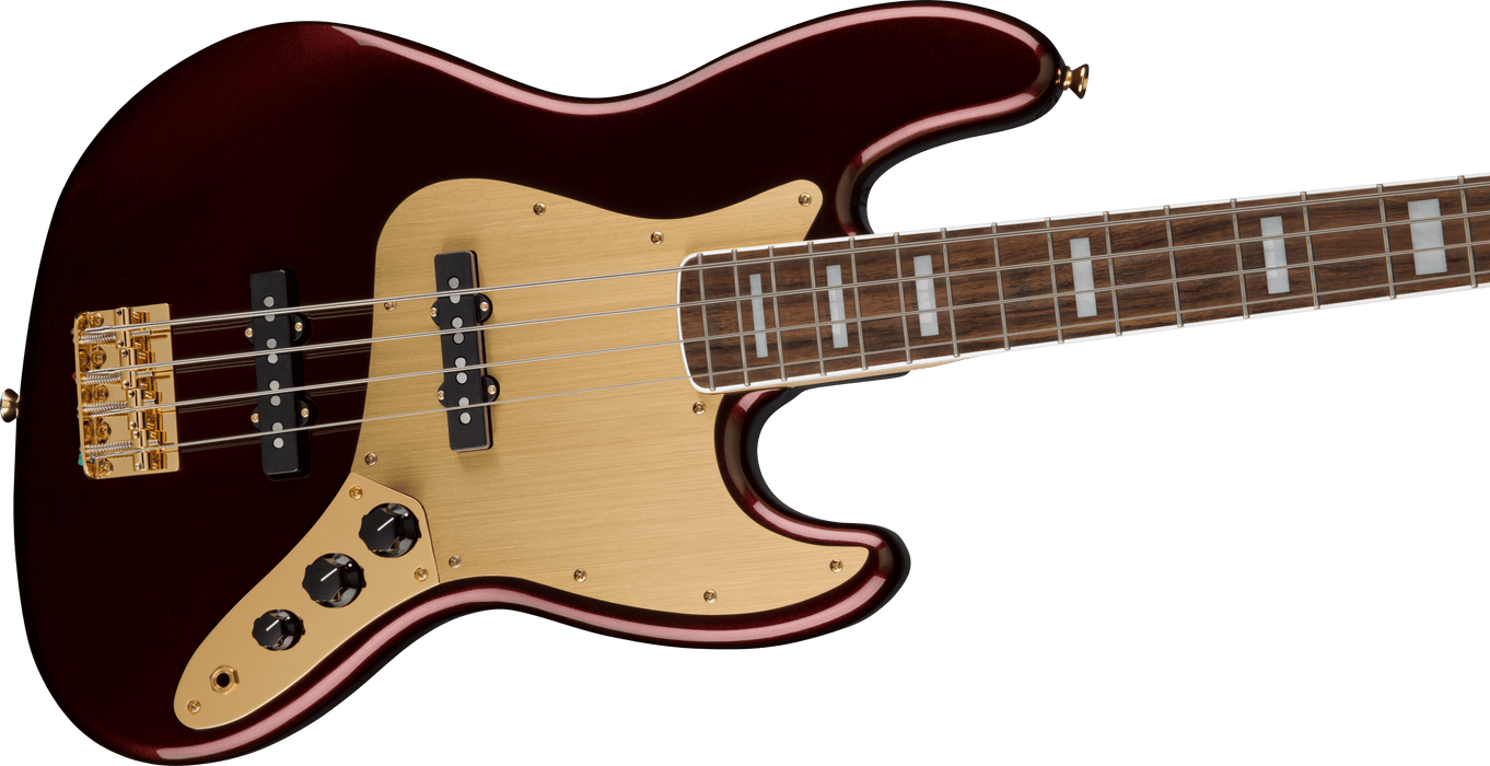 Squier 40th Anniversary Jazz Bass®, Gold Edition, Laurel Fingerboard, Gold Anodized Pickguard, Ruby Red Metallic Bass Guitars