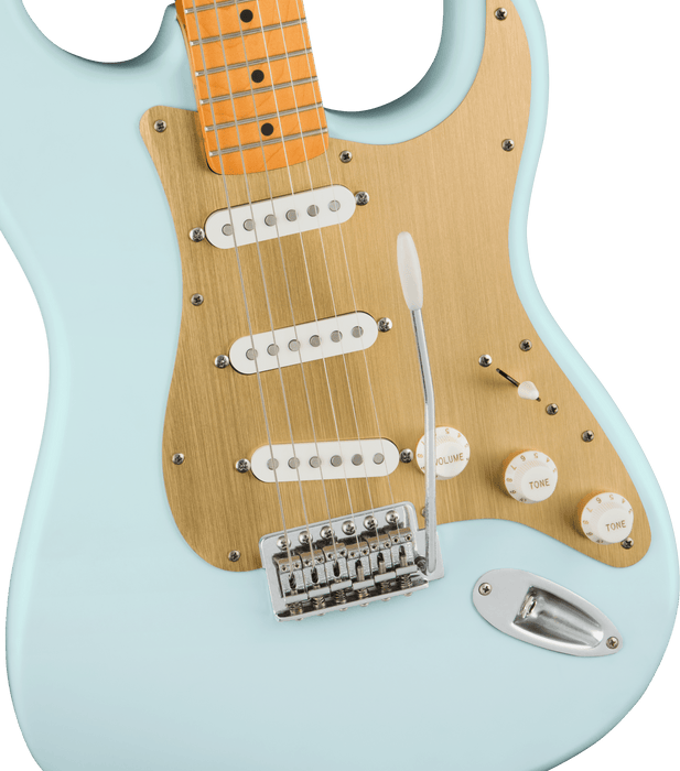Squier 40th Anniversary Stratocaster®, Vintage Edition, Maple Fingerboard, Gold Anodized Pickguard, Satin Sonic Blue Electric Guitars