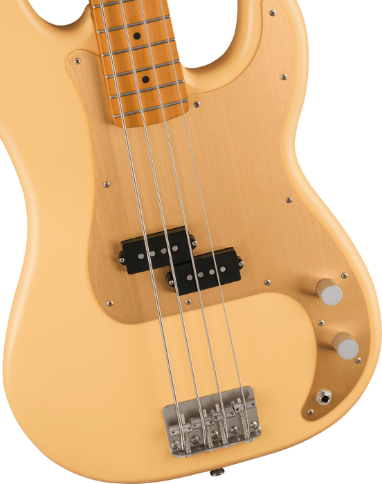 Squier 40th Anniversary Precision Bass®, Vintage Edition, Maple Fingerboard, Gold Anodized Pickguard, Satin Vintage Blonde Bass Guitars