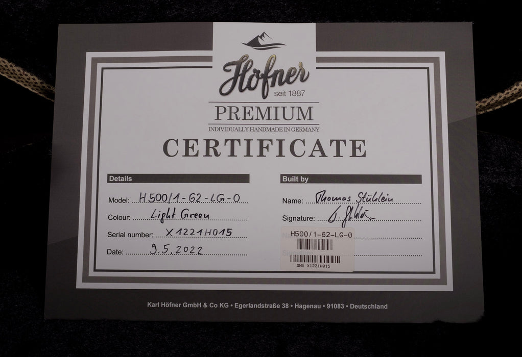 Hofner Limited Edition Light Green 1962 Violin Bass HOF-H500/1-62-LG-O with Case