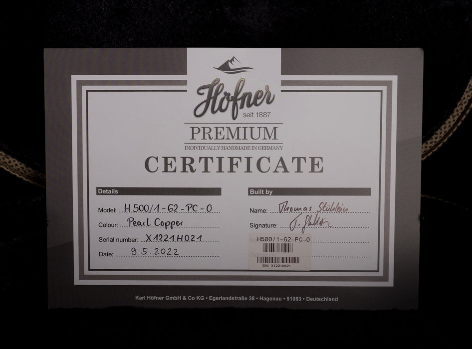 Hofner Limited Edition Pearl Clopper 1962 Violin Bass HOF-H500/1-62-PC-O with Case.