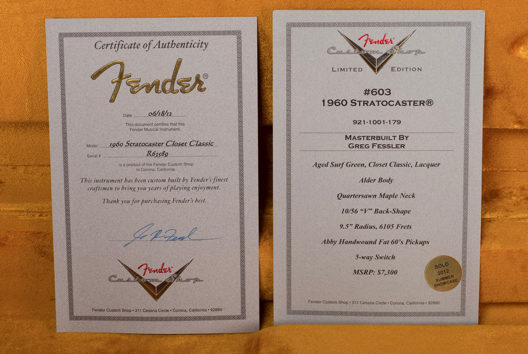 Used Fender Custom Shop Masterbuilt Greg Fessler 1960 Stratocaster Closet Classic Aged Surf Green with Abby Handwound Pickups