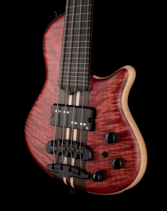 Mayones Cali4 Fretless Bass 17.5" Scale Swamp Ash Body 3A Flame Maple Top Scarlet Red w Case