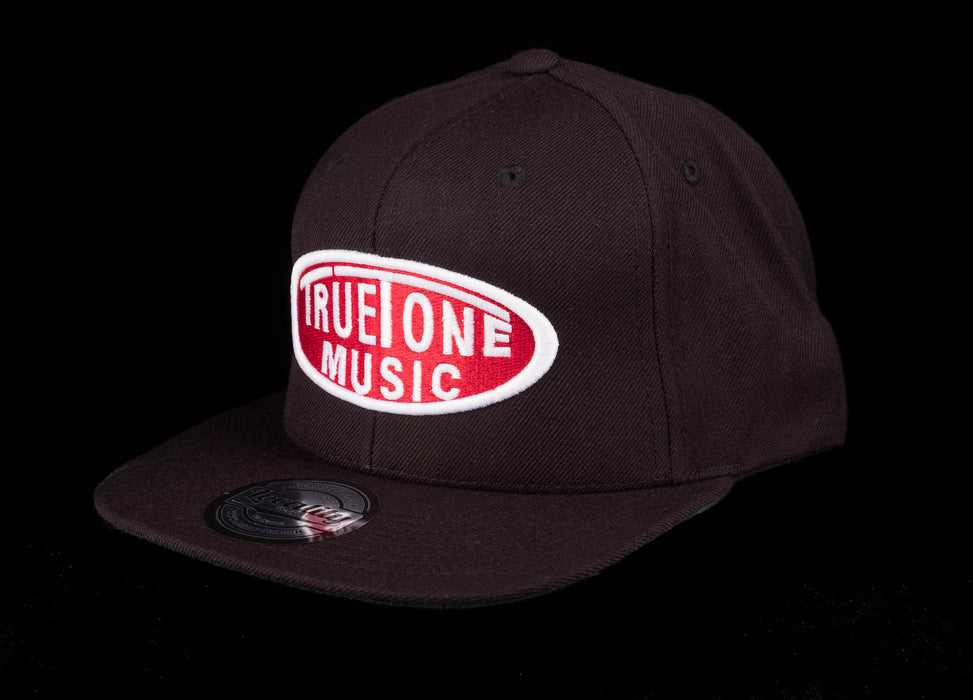 Truetone Music Flat Brim Snapback Hat Black with Red & White Logo