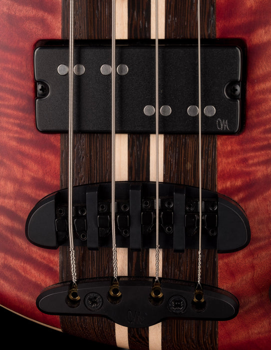 Mayones Cali4 Fretless Bass 17.5" Scale Swamp Ash Body 3A Flame Maple Top Scarlet Red w Case