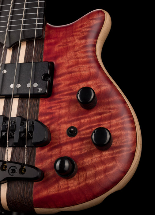 Mayones Cali4 Fretless Bass 17.5" Scale Swamp Ash Body 3A Flame Maple Top Scarlet Red w Case