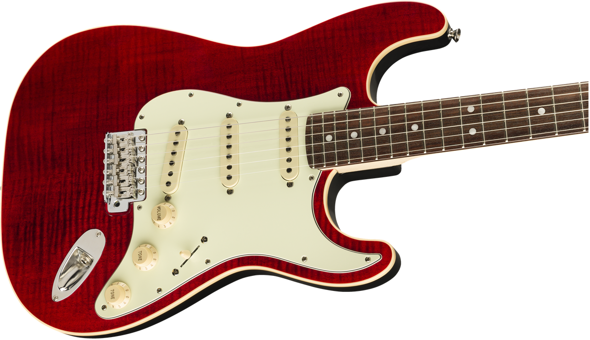 DISC - Fender Limited Edition Aerodyne Classic Stratocaster Flame Maple Top Rosewood Fingerboard Crimson Red Transparent with Gig Bag