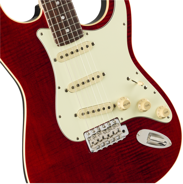 DISC - Fender Limited Edition Aerodyne Classic Stratocaster Flame Maple Top Rosewood Fingerboard Crimson Red Transparent with Gig Bag