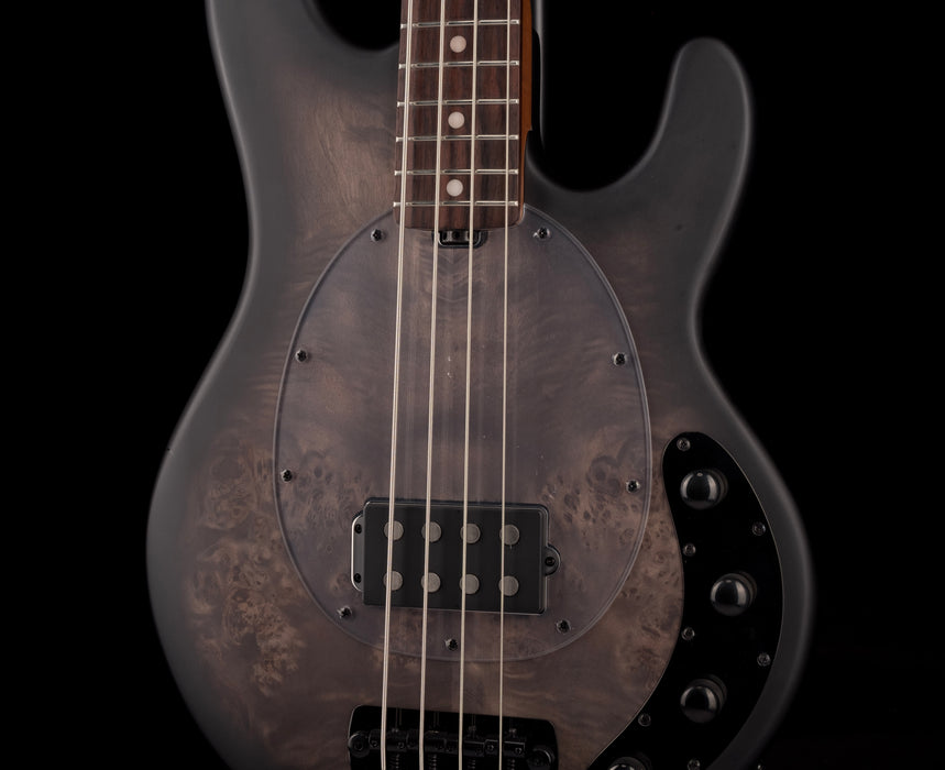 Sterling by Music Man StringRay Ray34 Poplar Burl Top Trans Black Satin