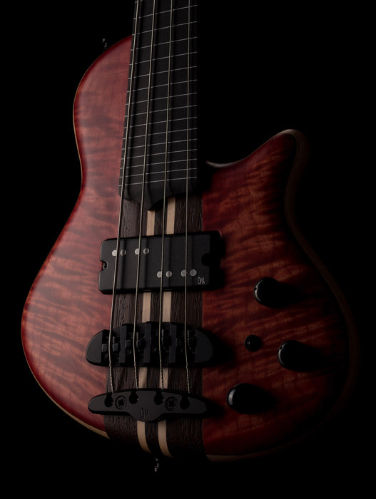 Mayones Cali4 Fretless Bass 17.5" Scale Swamp Ash Body 3A Flame Maple Top Scarlet Red w Case