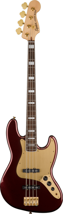 Squier 40th Anniversary Jazz Bass®, Gold Edition, Laurel Fingerboard, Gold Anodized Pickguard, Ruby Red Metallic Bass Guitars
