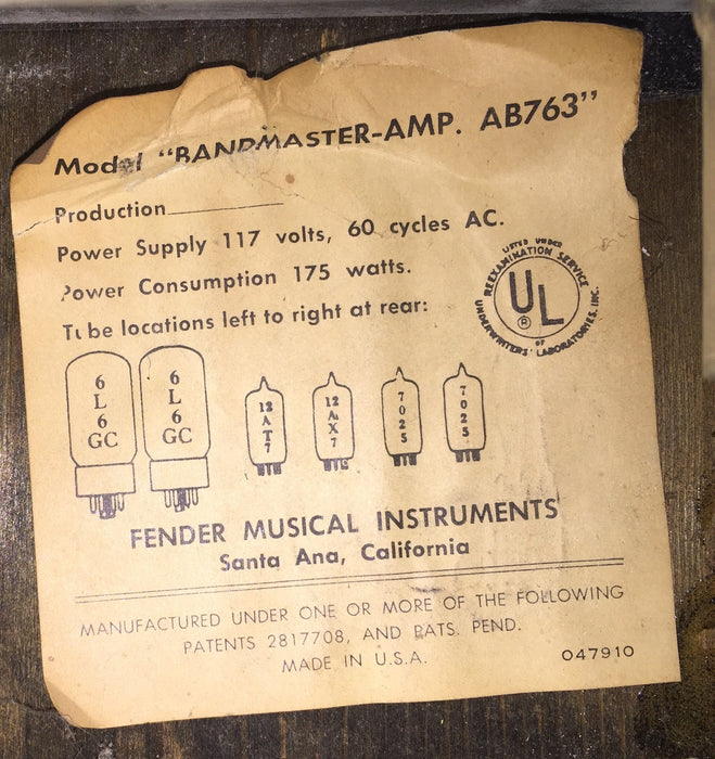 Vintage '68 Fender Bandmaster Tube Guitar Amplifier Head AB763 Circuit