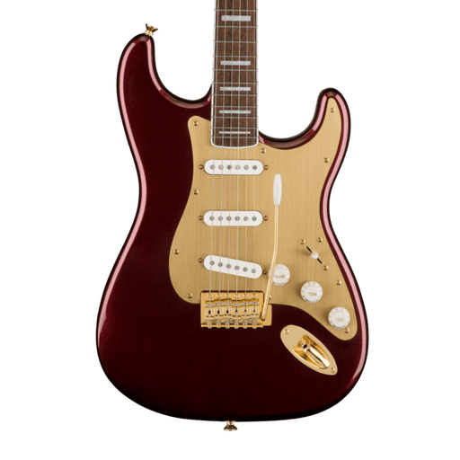 Squier 40th Anniversary Stratocaster®, Gold Edition, Laurel Fingerboard, Gold Anodized Pickguard, Ruby Red Metallic Electric Guitars