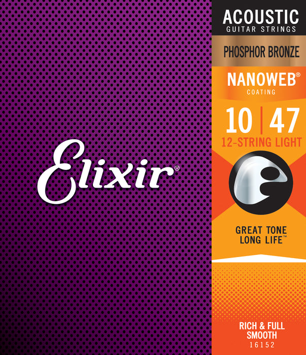 Elixir 16152 12-String Light 10-47 Phosphor Bronze Acoustic Guitar Strings