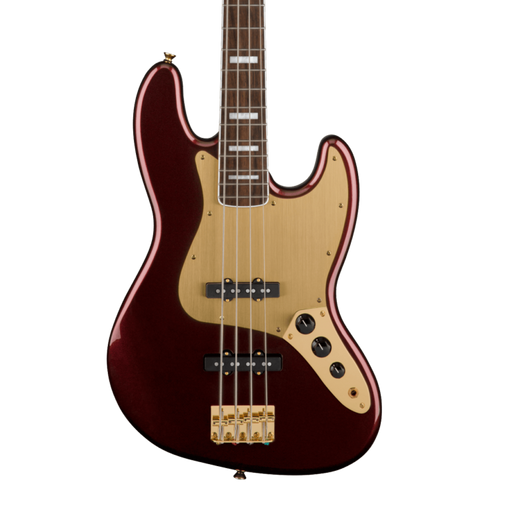 Squier 40th Anniversary Jazz Bass®, Gold Edition, Laurel Fingerboard, Gold Anodized Pickguard, Ruby Red Metallic Bass Guitars